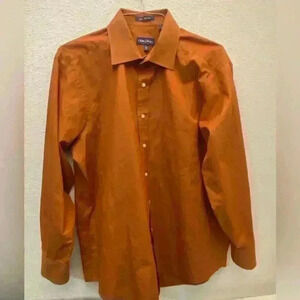 Sean John 100 two ply Orange Button Down Dress Shirt Size 17.5 34-35